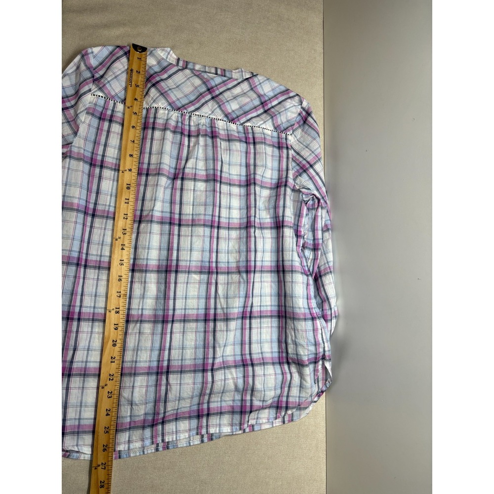 Talbots Blouse M Blue Purple Plaid 100% Cotton Peasant Popover Preppy - Picture 6 of 7